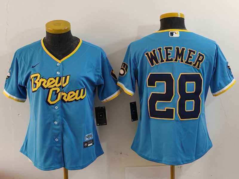 Youth Milwaukee Brewers #28 Joey Wiemer Blue 2022 City Connect Cool Base Stitched Jersey